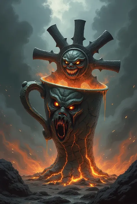 "Create a monstrous hybrid entity that combines features of a cup and a fan into a single, fearsome creature. The base of the entity should resemble the sturdy, wide shape of a cup, with jagged edges and ominous, glowing cracks running through it. Rising f...