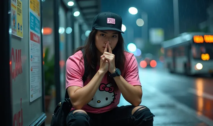 A handsome Korean man with long hair, fingers covering his lips, wearing a snapback hat, wearing a pink shirt with a hello Kitty picture, ripped pants, a sling bag, a watch, sitting at a bus stop, there is a bus, night, heavy rain, dark, bokeh, HDR