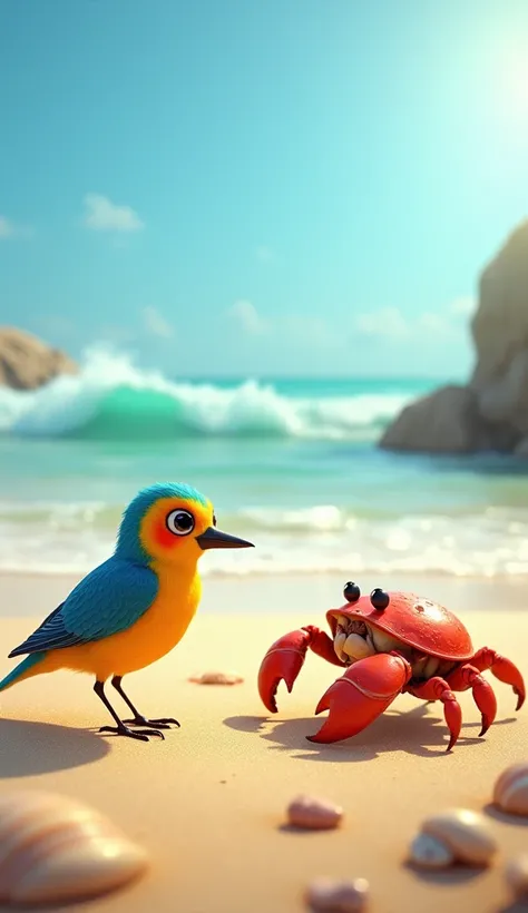 "A vibrant scene of a bird and a crab facing each other on a sandy beach. The bird, small and colorful with bright plumage, stands on slender legs, tilting its head curiously toward the crab. The crab, with its shiny shell and raised claws, appears alert a...