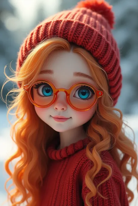 realistic long curly very light orange peach hair color, big blue doe eyes, small peach eyebrows, small button nose, cute pale white square shaded face with sharp jawline and freckles, she is skinny and weighs 21kg and is 5.6 feet talk  girl with transpare...