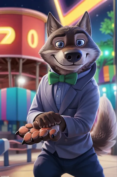 Larry (Zootopia), wolf, Gray Fur, (brown body:1.3), beautiful blue eyes, Zootopia, dressed,shirt green bow tie,trousers, canine,wolf, detailed fur, male, second, paw pads, finger claws, viewer, 5 fingers, paws, 4 toes,holds, times, close to the camera, Amu...