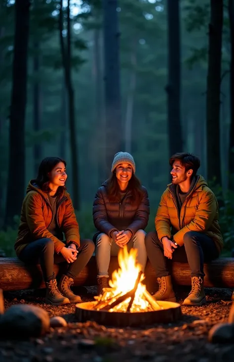 A night scene in a dense forest, where three friends are gathered around a campfire. The soft light from the fire illuminates the faces and creates dancing shadows on the trees in the background. The atmosphere is welcoming and full of meaning, symbolizing...