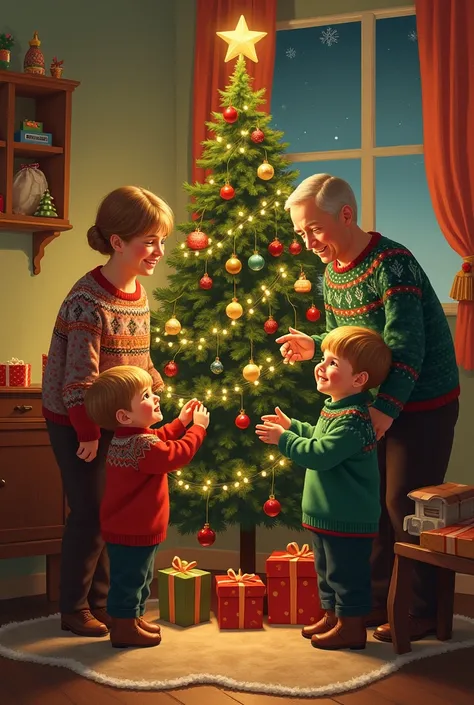 Russian cheerful family in sweaters decorates a Christmas tree in garlands. evening. warm tones. Painted ratro card style 