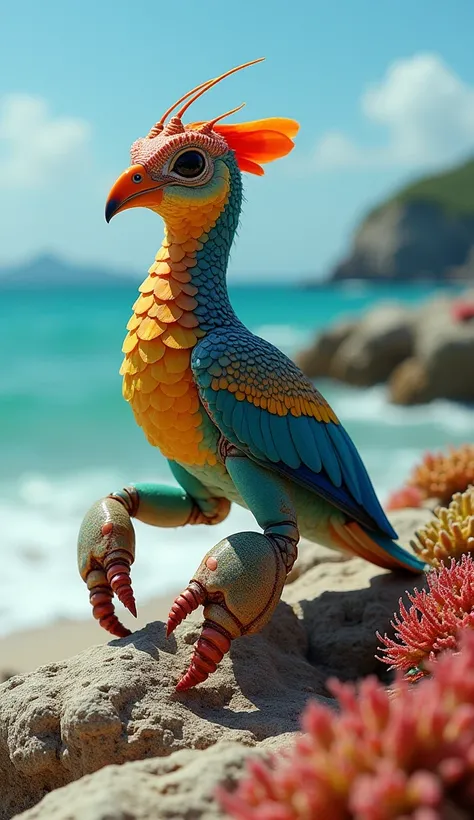 "A fascinating hybrid creature blending the characteristics of a bird and a crab. The creature has the sleek, feathered body of a bird with a vibrant plumage resembling tropical colors, and its wings are slightly adapted with crab-like patterns and texture...