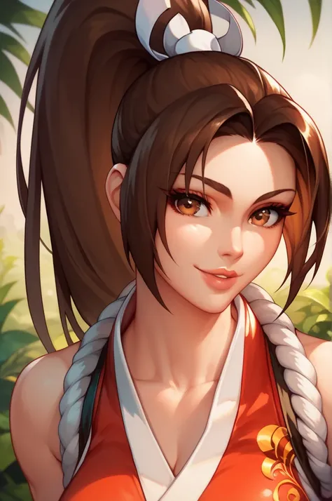 ((mai shiranui)), ((masterpiece)), ((cartoon style)), {(toned figure), (brown hair), (long high ponytail), (brown eyes), (long eyelashes), (thin eyebrows), (lush lips), (cute smile)}