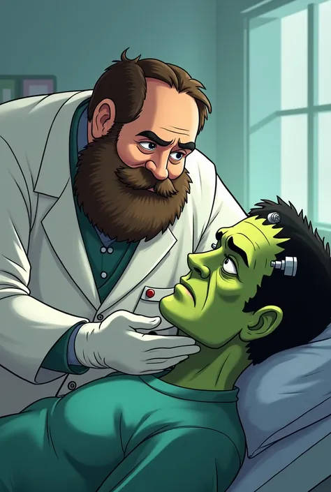 Fat doctor with a beard having surgery on the face of the monster Franksentein cartoon