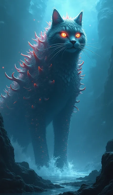 "The cat has fused with the coral reef, becoming a towering coral-cat hybrid. Its body is covered in glowing, razor-sharp coral spikes, and its movements send waves of destruction through the water. The hybrids roar causes fissures to form in the ocean flo...