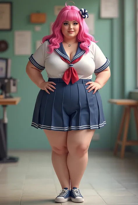 A gal with pink hair wearing a middle school uniform age 30 with a cury body