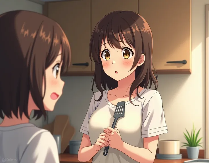 32 years old women wearing house wife clothes. She has brown eyes and has fair complexsion . She is talking and she is holding spatula. She has brown hair . create anime. She is talking her daughter to wake up