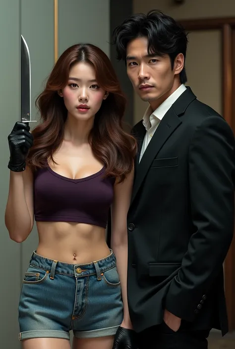  She is a woman  "Korean" high,  with fair skin and wavy light brown hair that falls down to the shoulders.  Her deep brown eyes shine brightly , e ela usa um short jeans e um cropped roxo escuro,  with black gloves , holding a knife with precision .He is ...