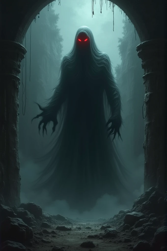 "A ghostly shadow with glowing red eyes, laughing menacingly in a pitch-dark ruin.
