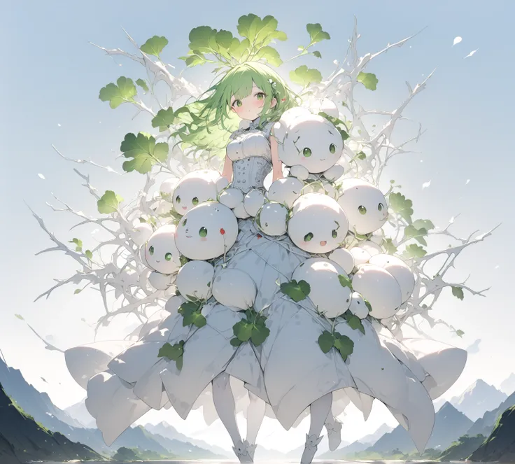 A creature with a white radish motif :1.1 , Japanese schoolgirl , Multiple views of the same character in the same outfit,  full body image :1.3, Bright Atmosphere ,( hand take radish robot doll ) , (masterpiece, top quality, very detailed depiction, Incre...