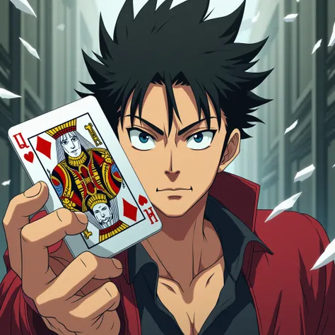 Man, mine character in anime, holding card A