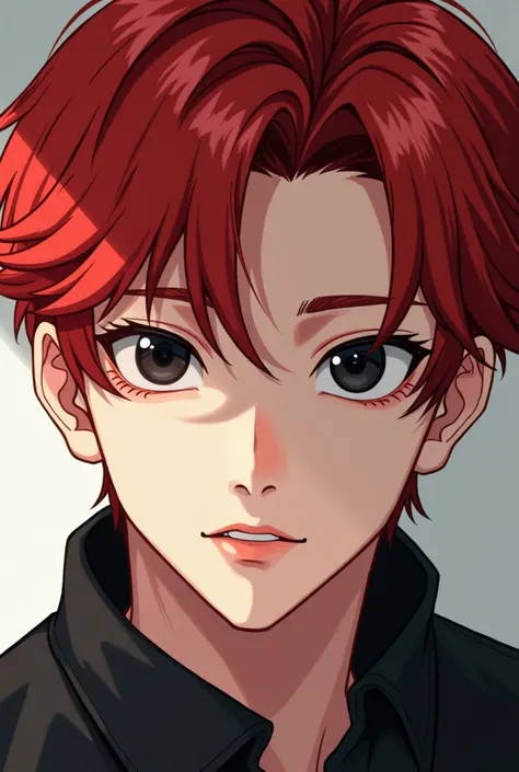  red hair,  horizontally long eyes, black eyes,  Korean guy, 2D,  no beard , , The feeling of being parched,  student