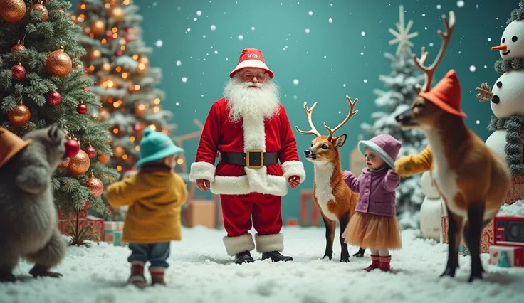 Santa Claus and reindeer wear colorful gear and bucket hats from unknown manufacturers、A 、 Surreal Photos 。Theres a boom box in the corner 。 Snowflakes , s playing in the snow ,  snowy ground , Warm, shining light, Cozy and festive atmosphere, Joyful laugh...