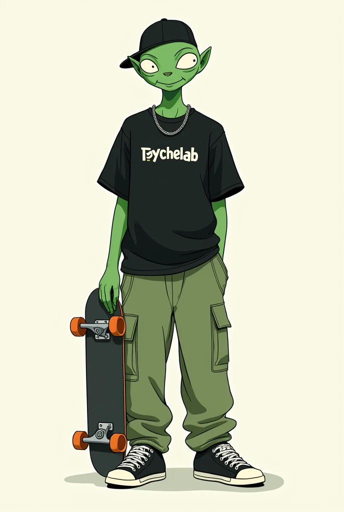  An ET 2D skater with the following details :

 Oversize T-shirt :  An oversized black t-shirt ,  with the PsycheLab brand name printed on the front ,  in stylized and slightly distorted letters ,  in the same psychedelic style characteristic of the brands...