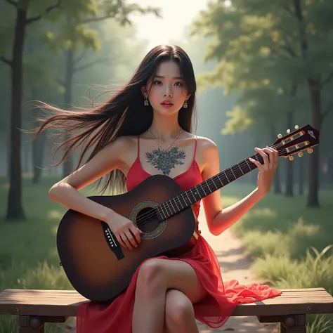 a close up of a woman with a tattoo on her chest!,  a tattoo on her chest!, best photo , 3d, 8k, Asian Araffy woman ,  Asian Girl with Round Toe, Korean female fashion model , Black hair,  Extra long hair 2m long , My hair flutters in the wind., Bright Cri...