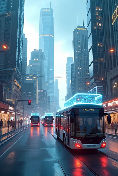 Images of the future full of electric buses. Virtual reality
