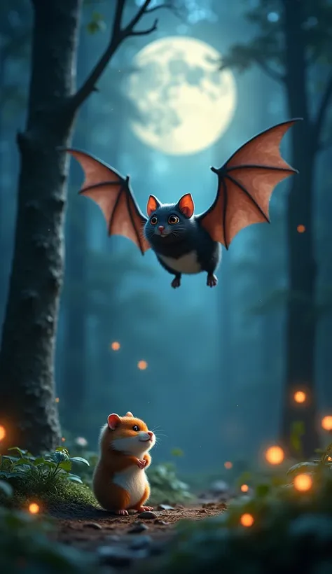 "A whimsical scene of a bat and a hamster facing each other in a moonlit forest clearing. The bat, with its leathery wings spread wide, hovers just above the ground, its large eyes fixed curiously on the small, round hamster standing on the forest floor. T...