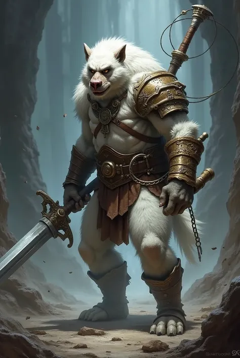 White fur slim fit bugbear Warrior with a greatsword and whip, and a mounting lance on the back