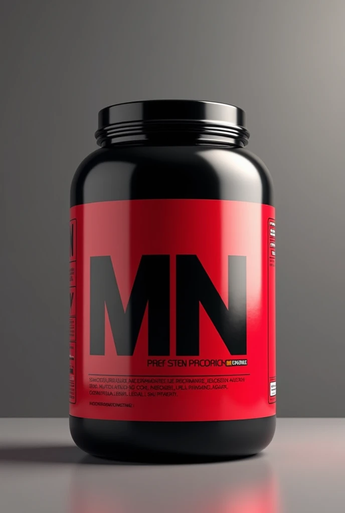 Whey Protein jar with the brand name MN,  IN THE COLOR RED AND BLACK 