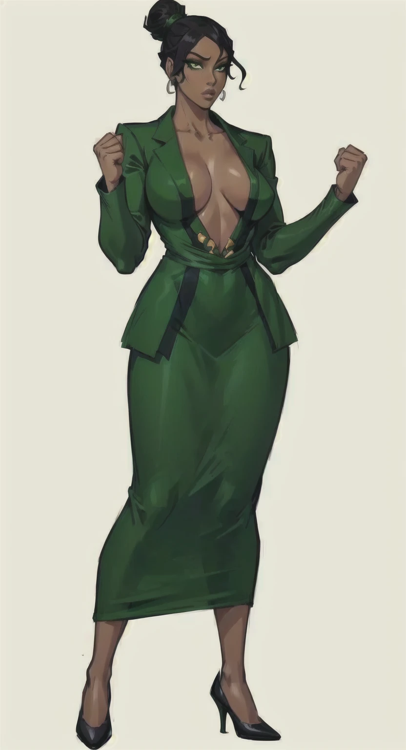 a woman in a green suit and heels is posing, tatsumaki from one punch man, women full body, female full body, full body illustration, full body female, digital art of an elegant, black woman, dark skin female goddess of love, green colored skin, lucio as a...