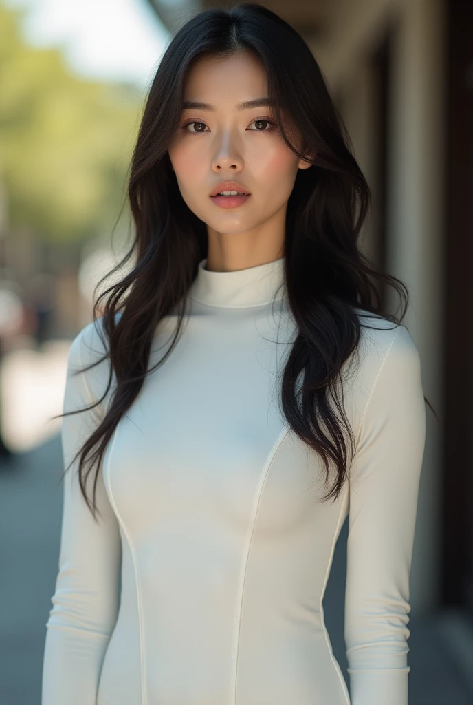 Beautiful Asian, Create an ultra-high definition, hyper-realistic image of a woman aged between 23 and 29. She has expressive, intelligent eyes, and smooth, radiant skin with a natural glow. Her face has balanced, soft features, with slightly arched eyebro...