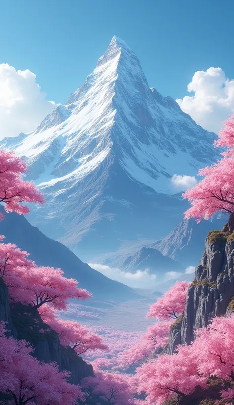 Create a tall mountain with a cherry forest surrounding itself