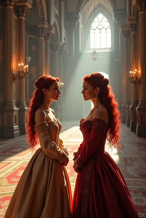 Generate image of two lady with dark red hair having a conversation inside castle in medieval Europe 