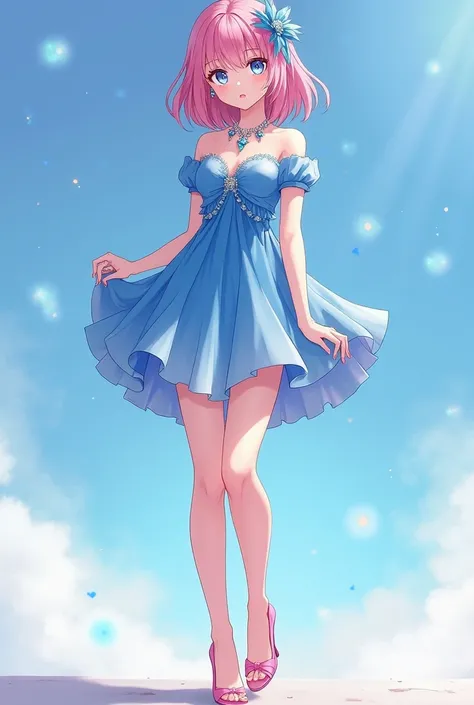  anime girl.  Full length from head to toe . 27 years old. Short blue shiny dress .  Pink silky shiny shoes open-toe heels.  Pink lips and long pink nails .  Big chest and ass ,  choosing from a dress .  thin waist.  White blue gemstone necklace .  White b...