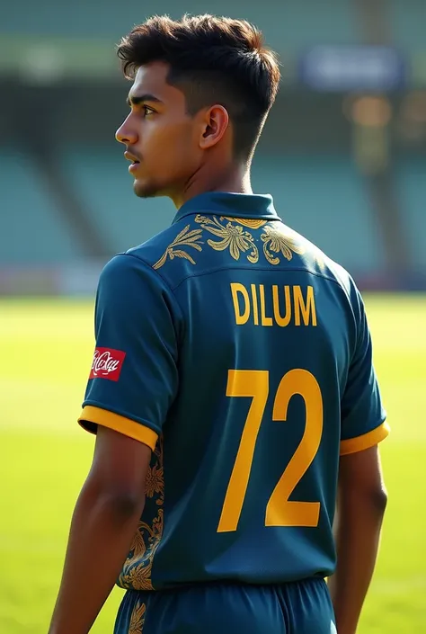 Age 20 boy wearing sri lankan criket jercy with number 72 and name dilum on backside