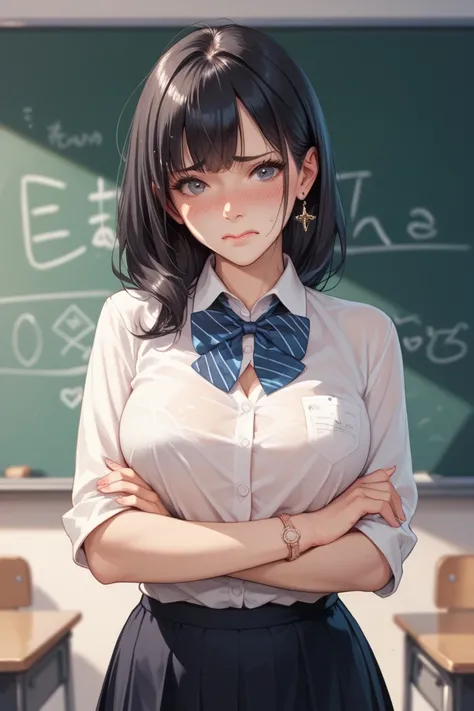 Embarrassed teacher faces with black hair the blackboard
