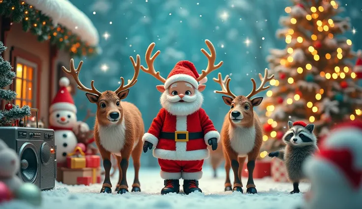 Santa Claus and reindeer wear colorful gear and bucket hats from unknown manufacturers、A 、 Surreal Photos 。Theres a boom box in the corner 。 Snowflakes , s playing in the snow ,  snowy ground , Warm, shining light, Cozy and festive atmosphere, Joyful laugh...