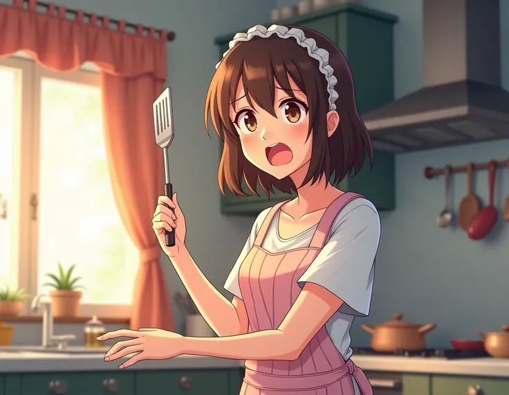 32 years old women wearing house wife clothes. She has brown eyes and has fair complexsion . She is talking and she is holding spatula. She has brown hair . create anime. She is shouting  her daughter to wake up. But she is like a angle. She is shouting fr...