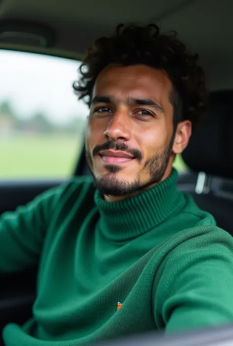  An Arafat man wearing a green sweater sitting in a car, An image inspired by Eddie Mendoza , reddit, tachisme, Twitch Streamer / player ludwig, 3 ,  Ronaldo Nazario  fenomeno,  Ronaldo Nazario , 38-year-old , 8k selfie photography, 2 , sweaty face, 2 , 3 