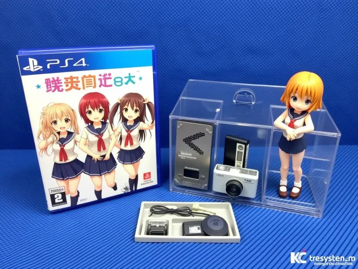 PlayStation 4 game box and contents. The game box with Japanese text and colorful illustrations of four anime girls in school uniforms is placed on a textured blue background. Beside it is a clear plastic box containing a figure of one of the anime girls a...