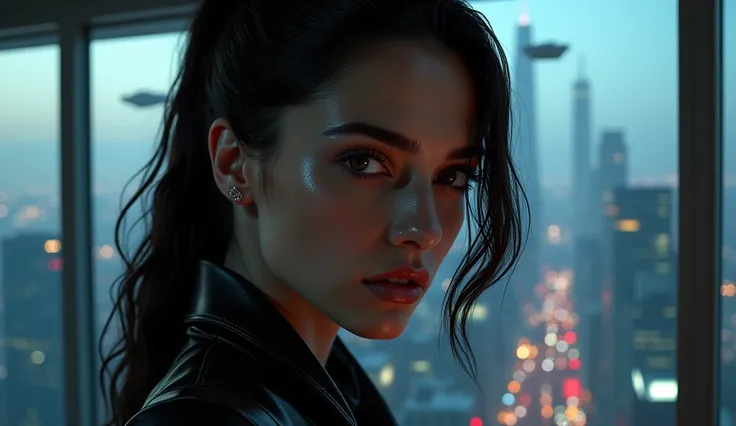 closeup photo of a breathtaking majestic beautiful Blade Runner woman in a Blade Runner cyberpunk Appartment,  windows,  city background with flying cars,  