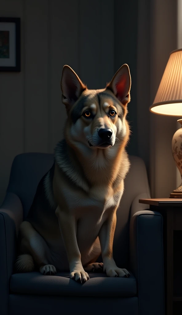  A medium-sized dog , with deep and penetrating eyes ,  sitting on the armchair in a dark room .  The light of a faint lamp partially illuminates his face,  revealing an eerily human expression ,  as if he were thinking or planning something .