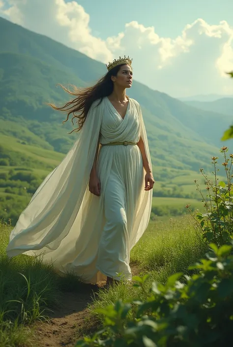 Demeter the desperate goddess of agriculture looking for her daughter who had been napped with white clothes and a crown 