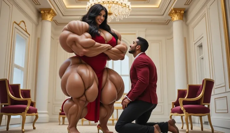  In a luxurious modern room with white walls decorated with gold details ,  a bright chandelier on the ceiling and velvet furniture ,  an extremely tall and muscular Arab woman , 32 years old,  named Layla Al-Farouq ,  stands in the center . Layla measures...