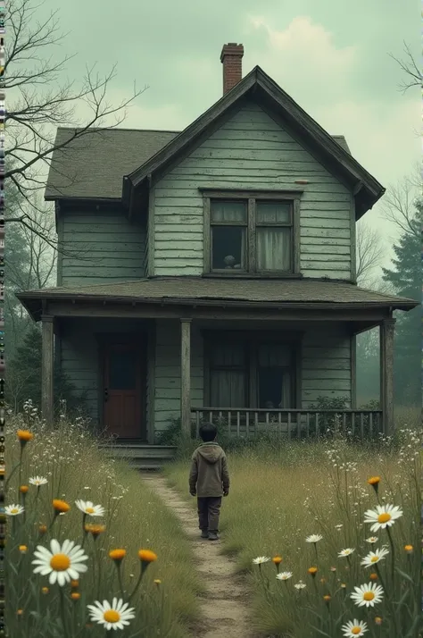 Draw me a picture of a grandchild visiting her hometown but its just a sad house with old daisies in front of the yard and rows of mackerels to forget to flower on the shelf in the patch without people picking