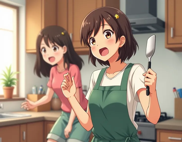 32 years old women wearing house wife clothes. She has brown eyes and has fair complexsion . She is talking and she is holding spatula. She has brown hair . create anime. She is shouting her daughter to wake up. But she is  stall beautiful. She is shouting...