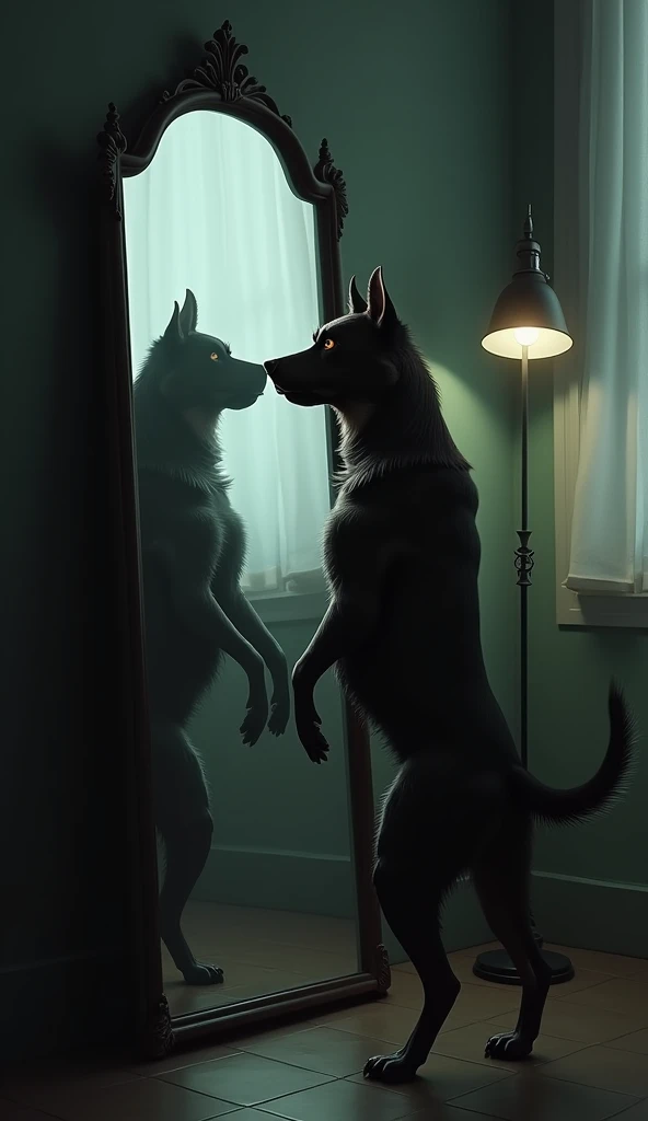  A dog standing in front of a mirror , leaning on two hind legs ,  with movements that simulate being human .  Its eyes reflect something dark and intelligent ,  while its shadow cast on the wall seems grotesque and unnatural under the dim light of a nearb...