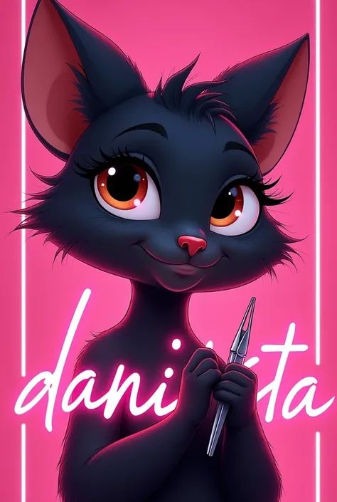 Pixar cover , female person, smooth black fur,  big eyes with long eyelashes ,  with neon letters that show Danilash studio , Lashista with tweezers in her eyelash hands, pink background 