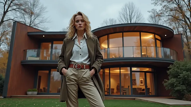  cinematographic photograph of beautiful blond woman,  green eyes,  curly hair, sexy, in military clothing,  overcoat brown , white shirt, light brown pants , Brown leather belt,  sculptural body, beautiful breasts, neckline,  standing in the garden of a h...