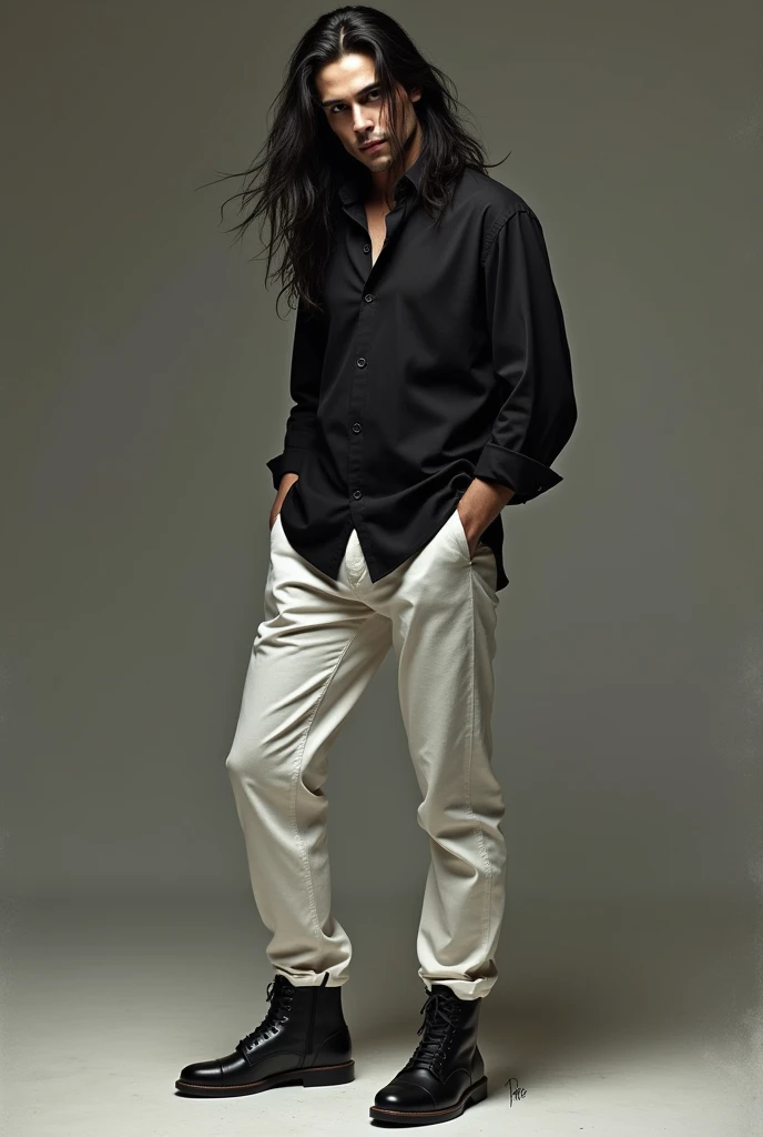 Fassa a man with long hair wearing a black shirt wearing white pants and black shoes
