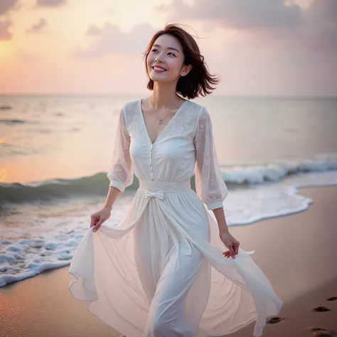  Realistic image of a lovely Korean woman in her 50s walking on the beach at sunset.  Im wearing a luxury floral dress in a neat appearance.  Short Mid-length Hair .  capture the essence of a carefree summer day . The background must have a beautiful sunse...