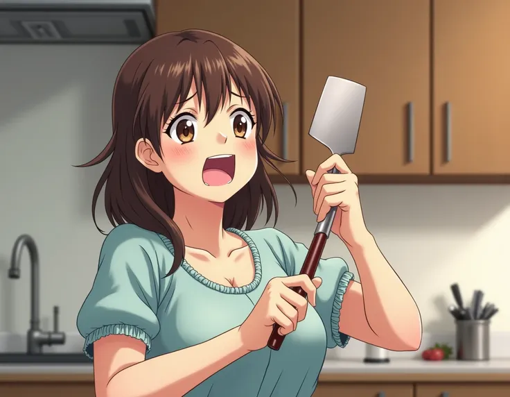 32 years old women wearing house wife clothes. She has brown eyes and has fair complexsion . She is talking and she is holding spatula. She has brown hair . create anime. She is shouting her daughter to wake up. But she is stall beautiful. She is shouting ...