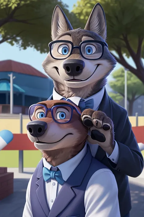 Larry (Zootopia), wolf, Gray Fur, (brown body:1.3), beautiful blue eyes, Zootopia, dressed,vest,white shirt green bow tie,trousers, canine,wolf, detailed fur, male, second, paw pads, finger claws, viewer, 5 fingers, paws, 4 toes,holds, times, close to the ...