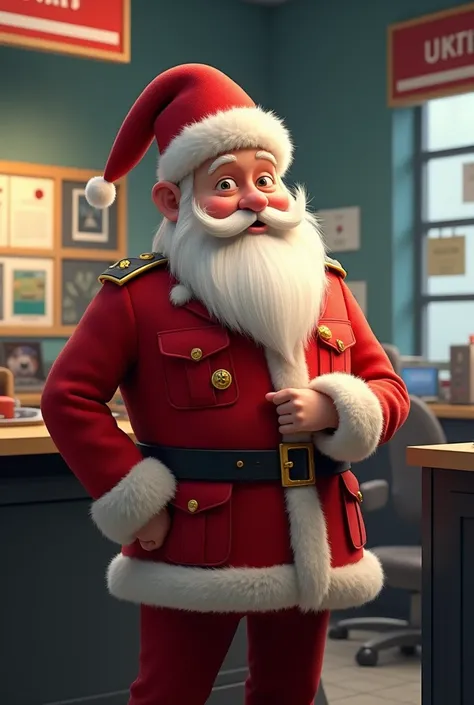 Generate a Santa Claus in a customs workers uniform and his Christmas hat and that hes promoting something 